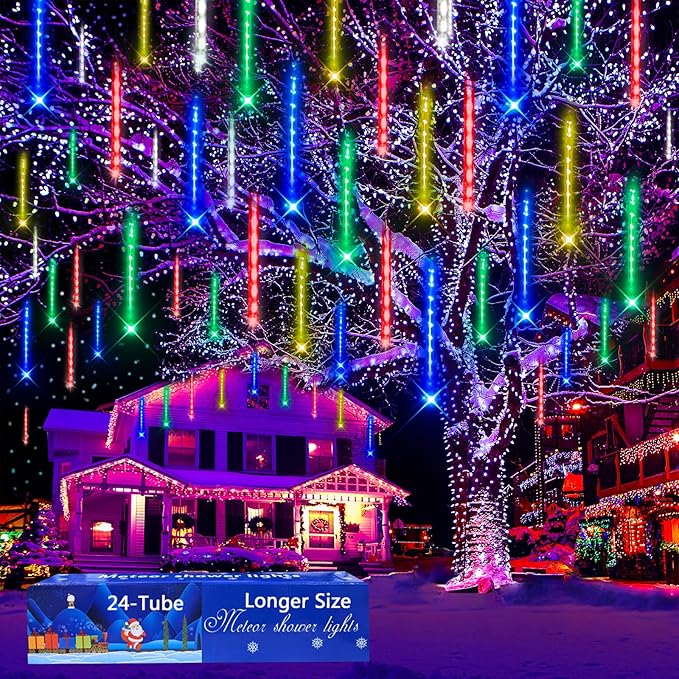 Aokudoni Christmas Lights 24 Tubes Meteor Shower Outdoor, Indoor Outside Decorations Icicle Snow Falling Rain for Tree Yard Party, UL Plug, Multi Color