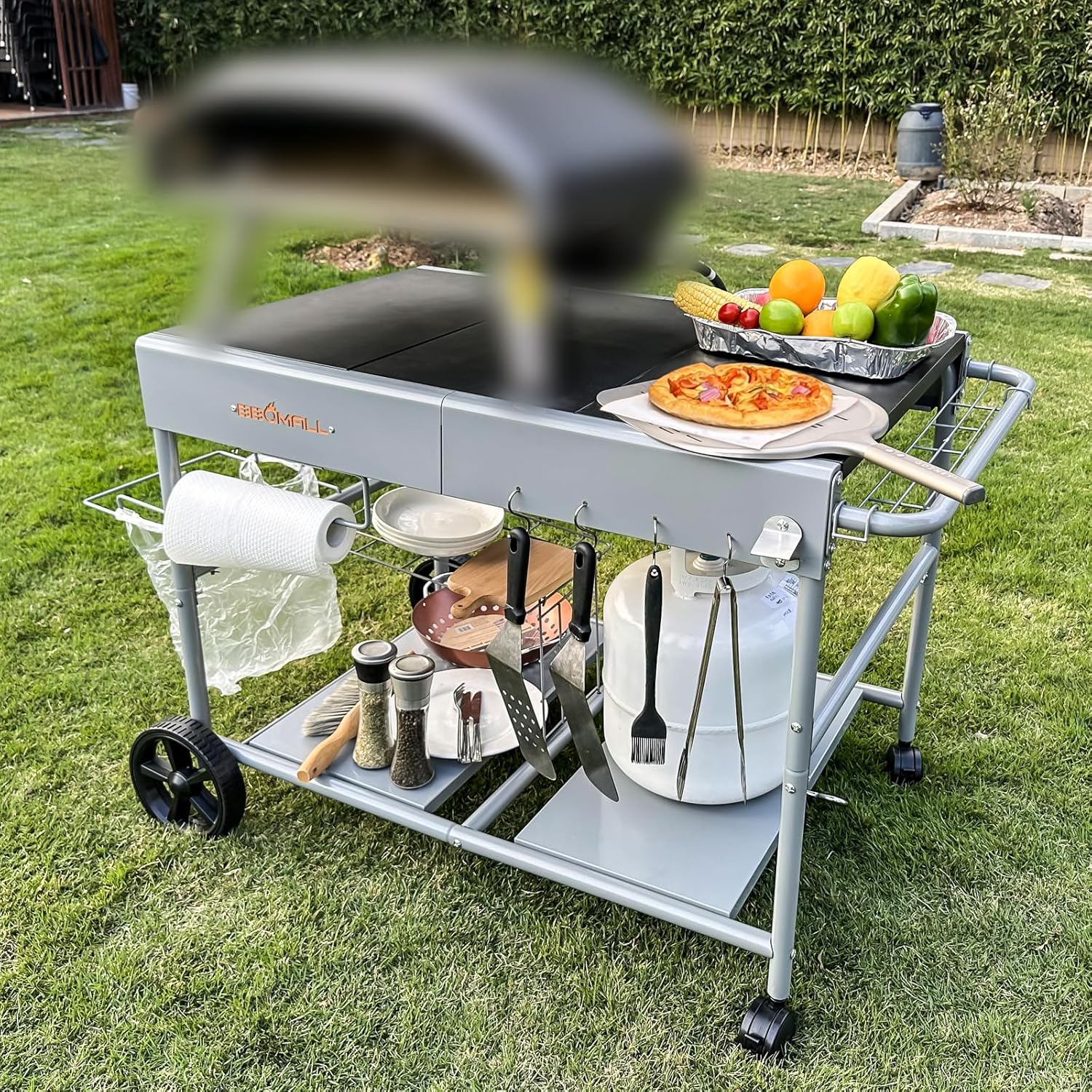 Pizza Oven Cart Table and Topping Station for Ooni Koda/Karu/Fyra 16 & 12, Movable Thicken & Widen Rolling Kitchen Cart, Outdoor Grill Stand for Ninja Woodfire,Blackstone Griddle