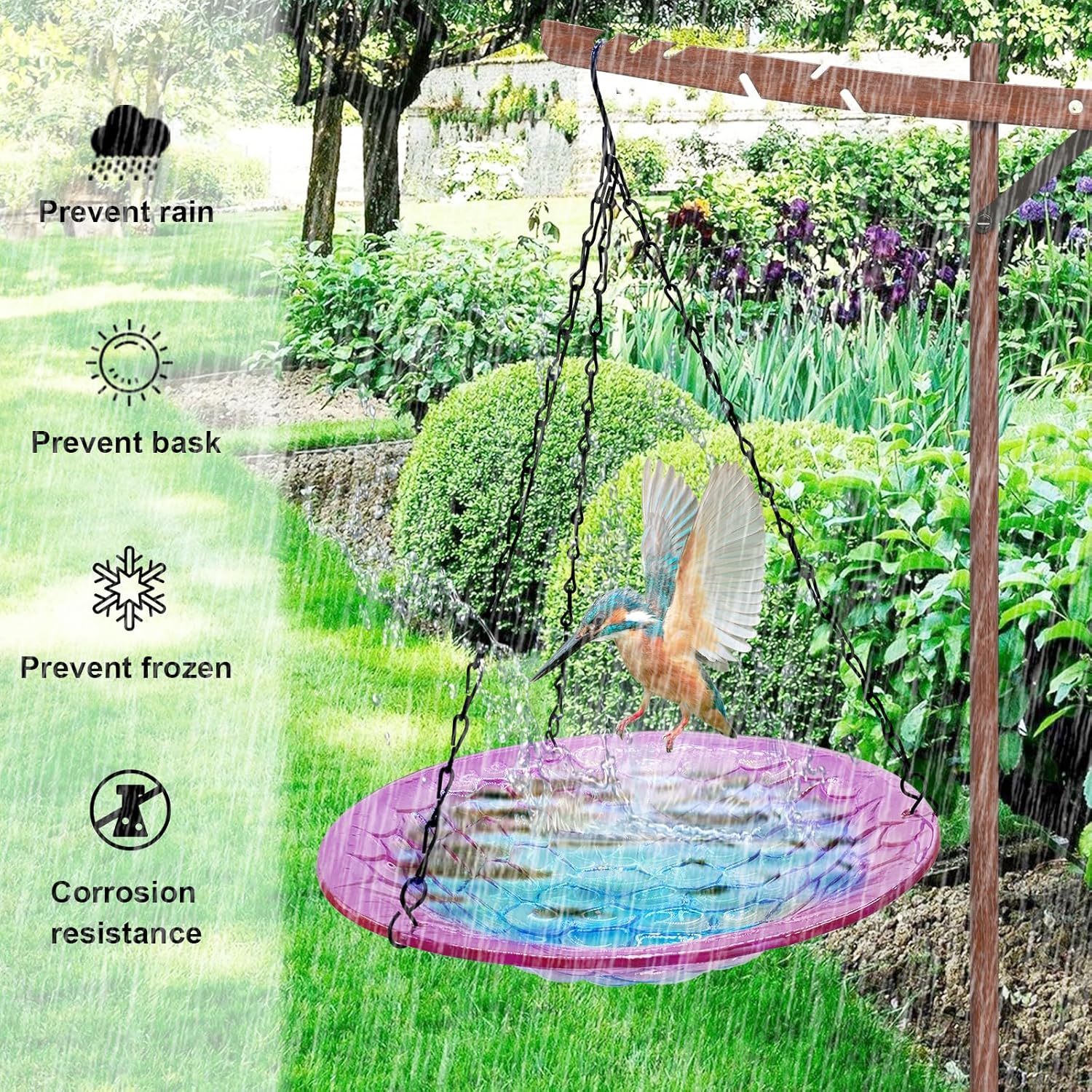 Hanging Birdbath, Outdoor Glass Birdbath, Purple and Blue Texture Pattern Bird Feeder for Garden Patio Decoration