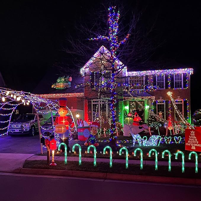 10" Christmas Candy Cane Lights - Set of 10 Pathway Markers Christmas Outdoor Yard Decorations, Green Xmas Candy Cane Stake Lights for Lawn, Walkway, Garden, Xmas Party Indoor Ornaments