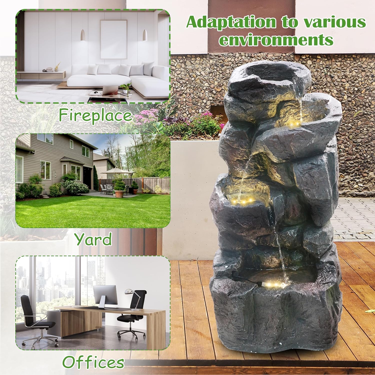 4-Tiers Cascading Rock Outdoor Water Fountain with LED Light, Standing Cascading Water Feature Faux Stacked Stones Waterfalls Decor for Garden Patio Yard and Lawn (Deep Grey)