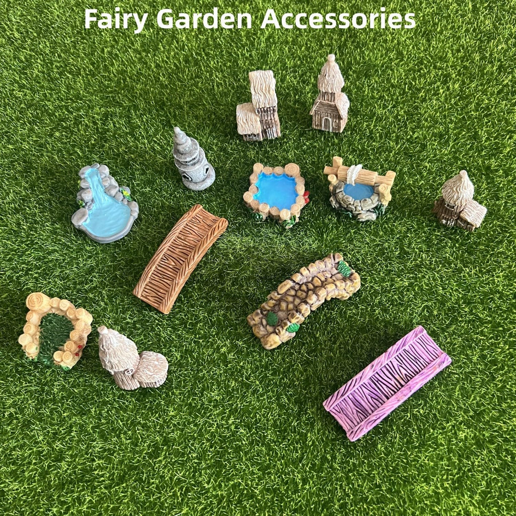 LONCESS Fairy Garden Accessories Miniature Tree House Bridge Mini Lighthouse Water Well Bridge Figurines Pond Lawn Ornament Figurines for DIY Craft Garden Decor,12 Peices