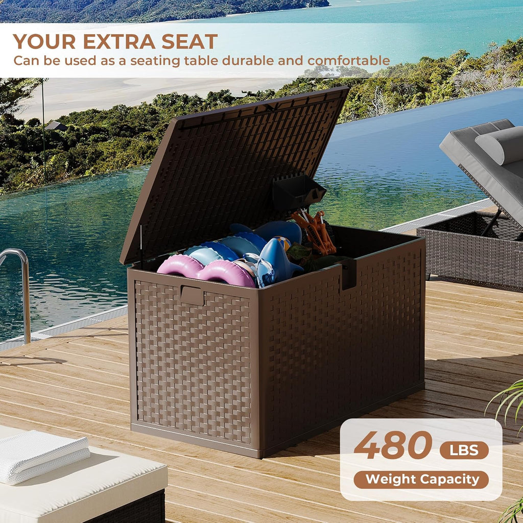 120Gallon Brown Resin Deck Box, Outdoor Storage Box Waterproof Lockable, Patio Deck Box For Package Delivery, Outside Storage Box Container for Furniture Cushions, Garden Tools, Pool Accessories