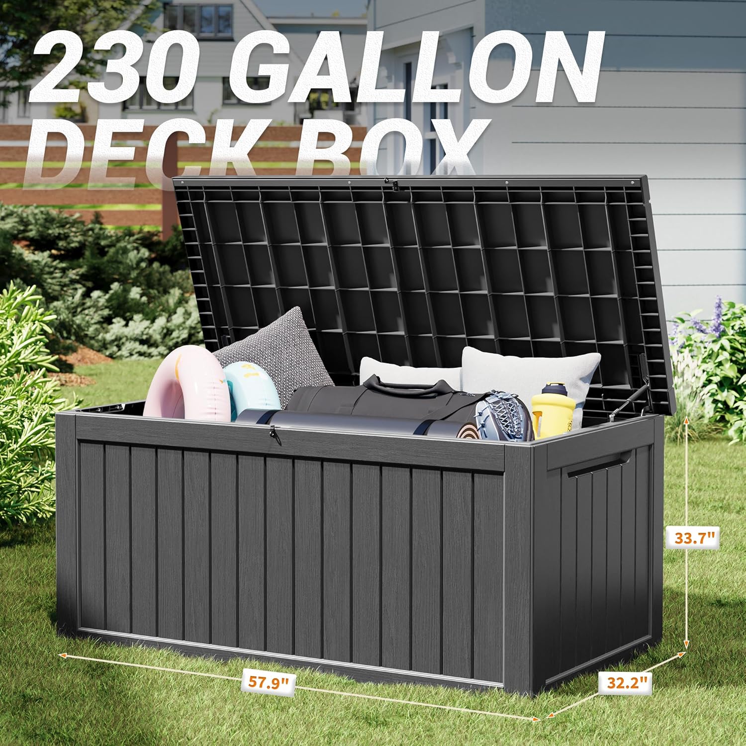 NUNU LAB 230 Gallon Large Resin Deck Box, Waterproof Outdoor Storage Box, Lockable Storage Bin for Patio Furniture, Garden Tools, Pool Accessories, UV-Resistant & All-Weather, Black