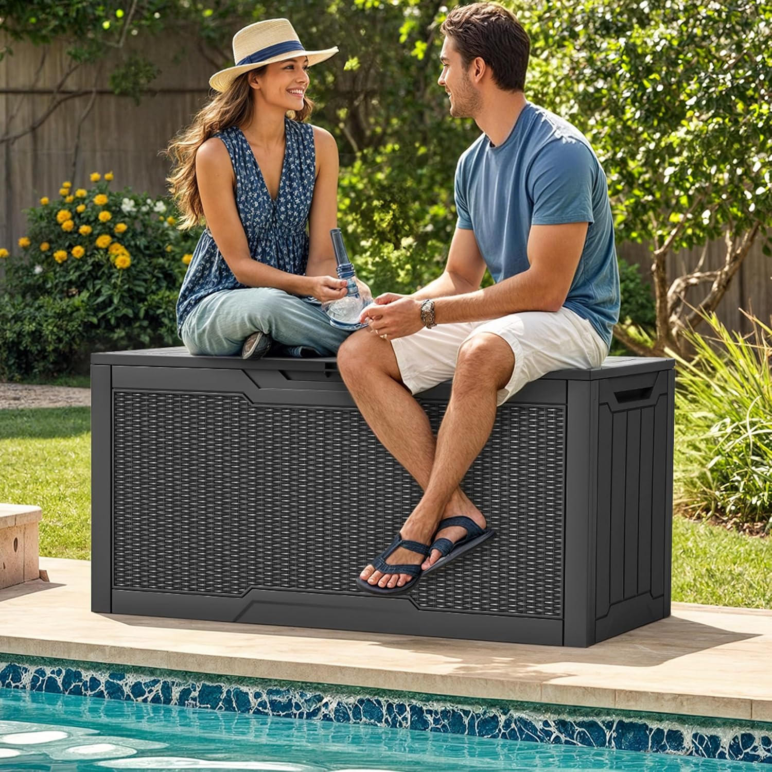 YITAHOME 80 Gallon Resin Deck Box, Weather Resistant Outdoor Rattan Storage Box, Lockable Indoor Outdoor Storage for Supplies and Essentials, Dark Gray