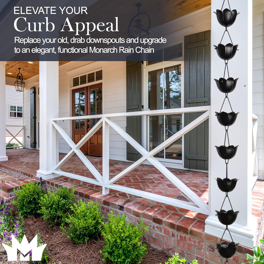 Monarch Rain Chains Aluminum Large Lotus Rain Chain, 8.5 ft Black Powder Coated Aluminum Decorative Rain Catcher Chain for Gutters, Black Aluminum Rain Gutter Replacement Downspout