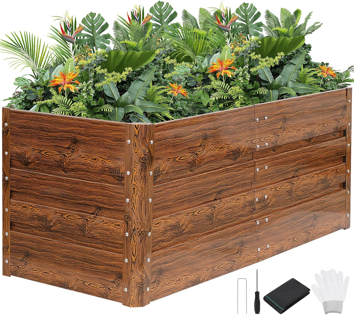 G GOOD GAIN 4x2x1.8ft Raised Garden Bed - Metal Planter Box Outdoor with Weed Barrier Fabric | Deep Root Raised Beds for Gardening Vegetables Flowers Herb Fruits (Wood Grain)