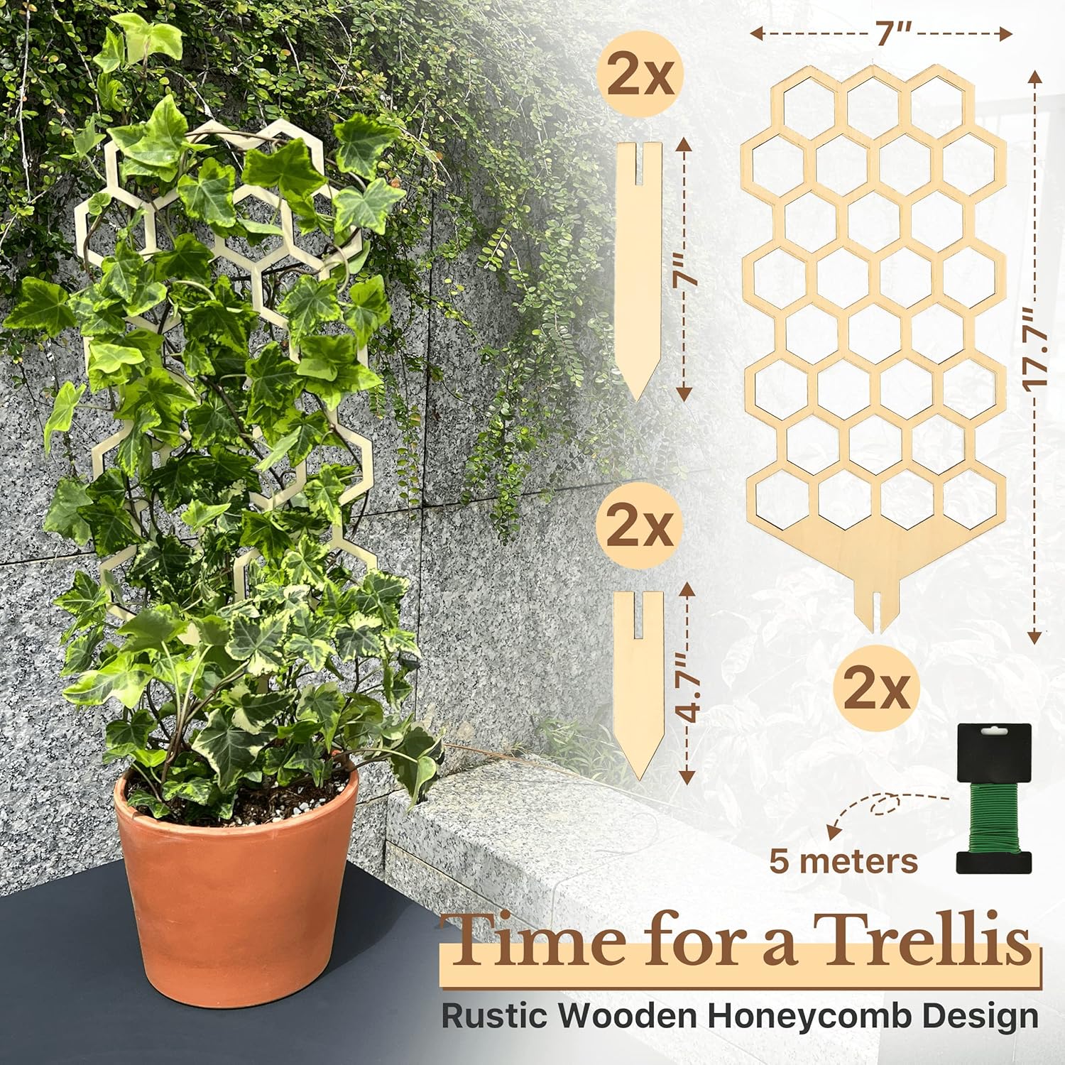 Wood Trellis for Climbing Plants Indoor & Outdoor - 2 Pack 18" Modern Honeycomb Small Plant Trellis - Stabilizing Plant Support for Indoor Plants - Small Trellis for Potted Plants to Encourage Growth