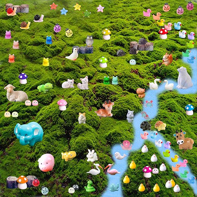 100 Pcs Mini Resin Animals Mini Duck Frog Mushroom Figures Model Kit for Miniature Garden Fairy Garden Dollhouse Decoration and Creative DIY