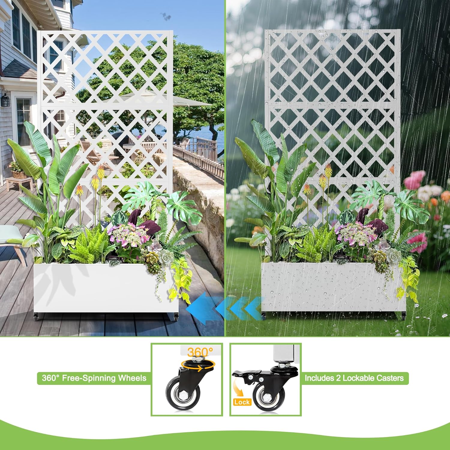 Metal Planter Trellis Box with Wheels & Drain Plug Outdoor Raised Garden Bed Patio Privacy Screen with Planter for Climbing Plants, Vegetables 73"x35"x16" White-Diamond