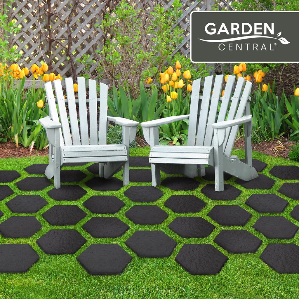 Garden Central 10-Pack 15”x13” Stomp Rubber Stepping Stones, Hexagon, Black – Reversible Non-Slip Outdoor Faux Decorative Set for Landscaping – DIY Decor for Walkways & Yard Pathways