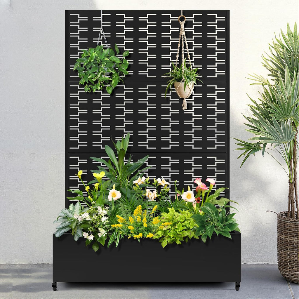 FENCY Metal Raised Garden Bed with Wheels and Trellis,73"x47"x16" Planter Box for Climbing Plants, Vegetables & Vines, Features Privacy Screen and Drainage Holes (Black-Brick)