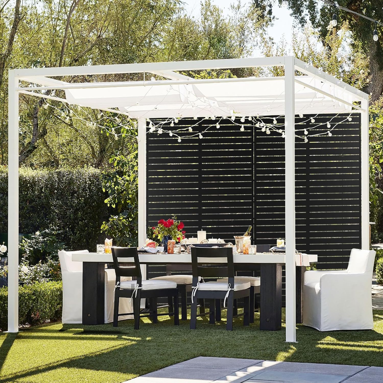 FENCY Metal Privacy Screen with Stand 72" H×44" W Outdoor Freestanding Privacy Panels, Outdoor Privacy Screen for Deck Patio Balcony(Black-Louvered)