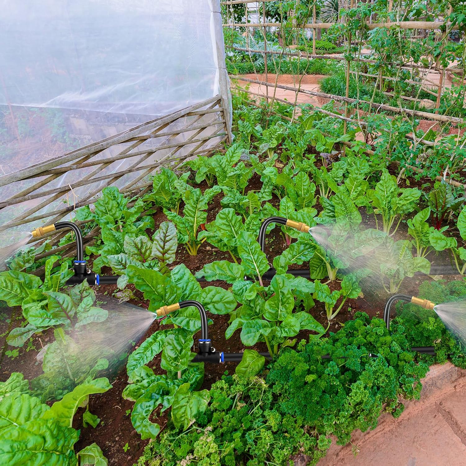 Zonon Brass Misting Nozzles Tee with Built in Hose 360 Degree Rotation Adjustable Water Mister Nozzles Thread Sprayer 0.043" Misting Parts and Accessories for Patio Outdoor Cooling(15 Pcs,4 Inch)