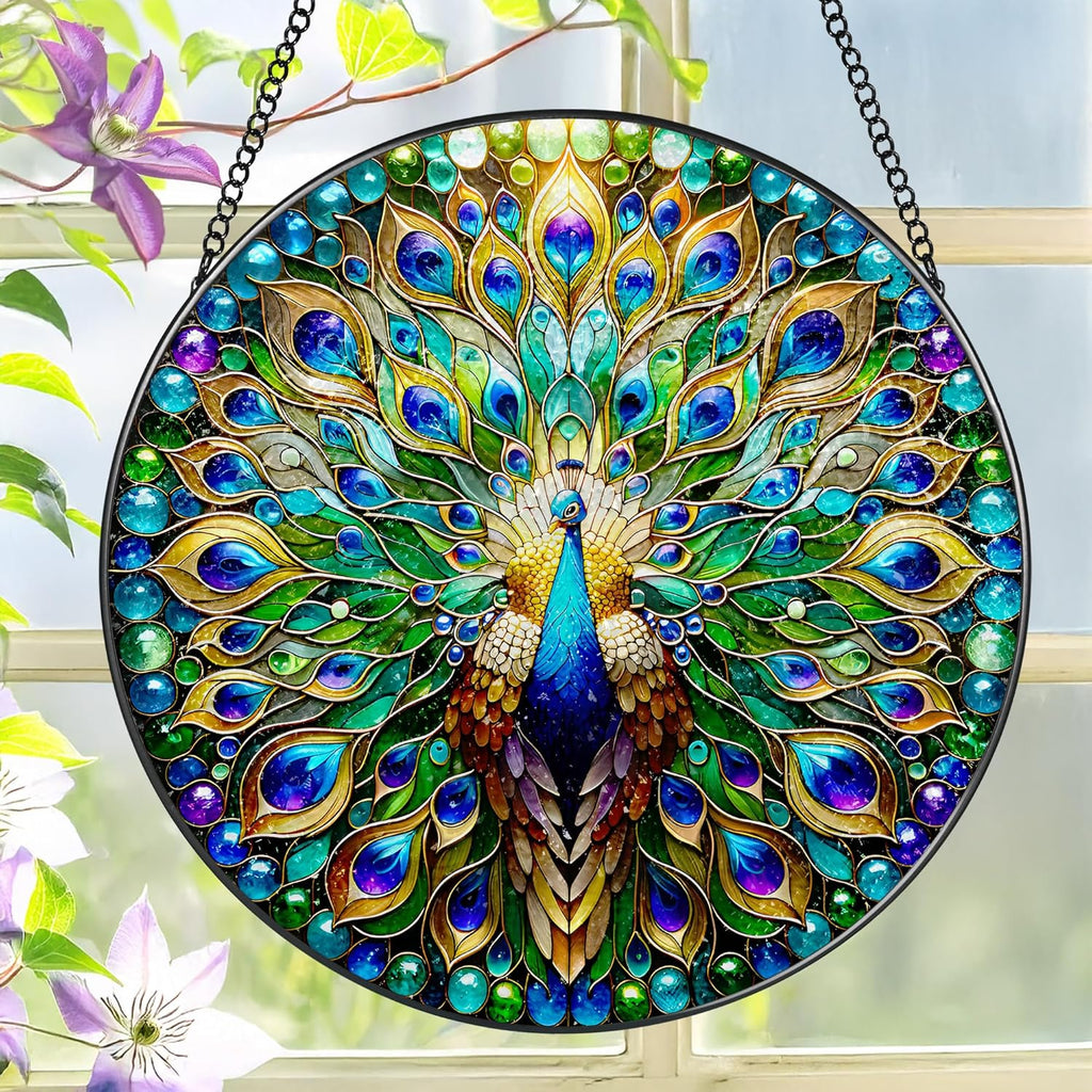 Stained Glass Window Hanging, LAOWEIKI 8'' Peacock Suncatcher, Stained Glass Ornament, Suncatchers for Windows Hanging, Window Decor, Outdoor or Indoor, Gifts for Women, Lovers, Couple, Friend, Bestie