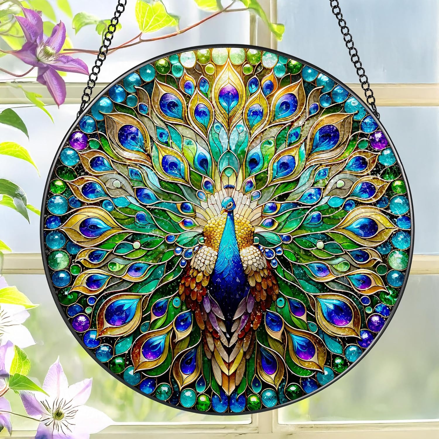 Stained Glass Window Hanging, LAOWEIKI 8'' Peacock Suncatcher, Stained Glass Ornament, Suncatchers for Windows Hanging, Window Decor, Outdoor or Indoor, Gifts for Women, Lovers, Couple, Friend, Bestie