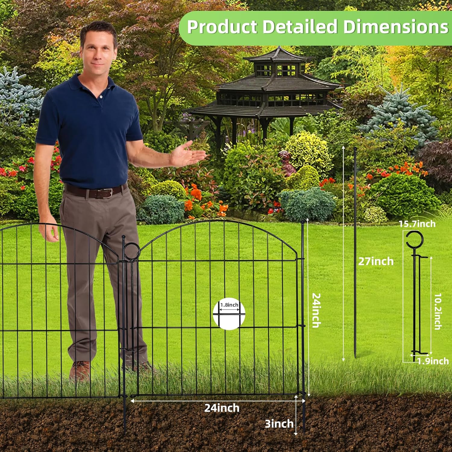 Decorative Garden Fence 24in (H) x20ft (L), 10 Pack No Dig Fence Animal Barrier for Dog with Lock, Arched Flower Bed Edging, Wire Border Panel Fencing for Yard Patio Outdoor Decor