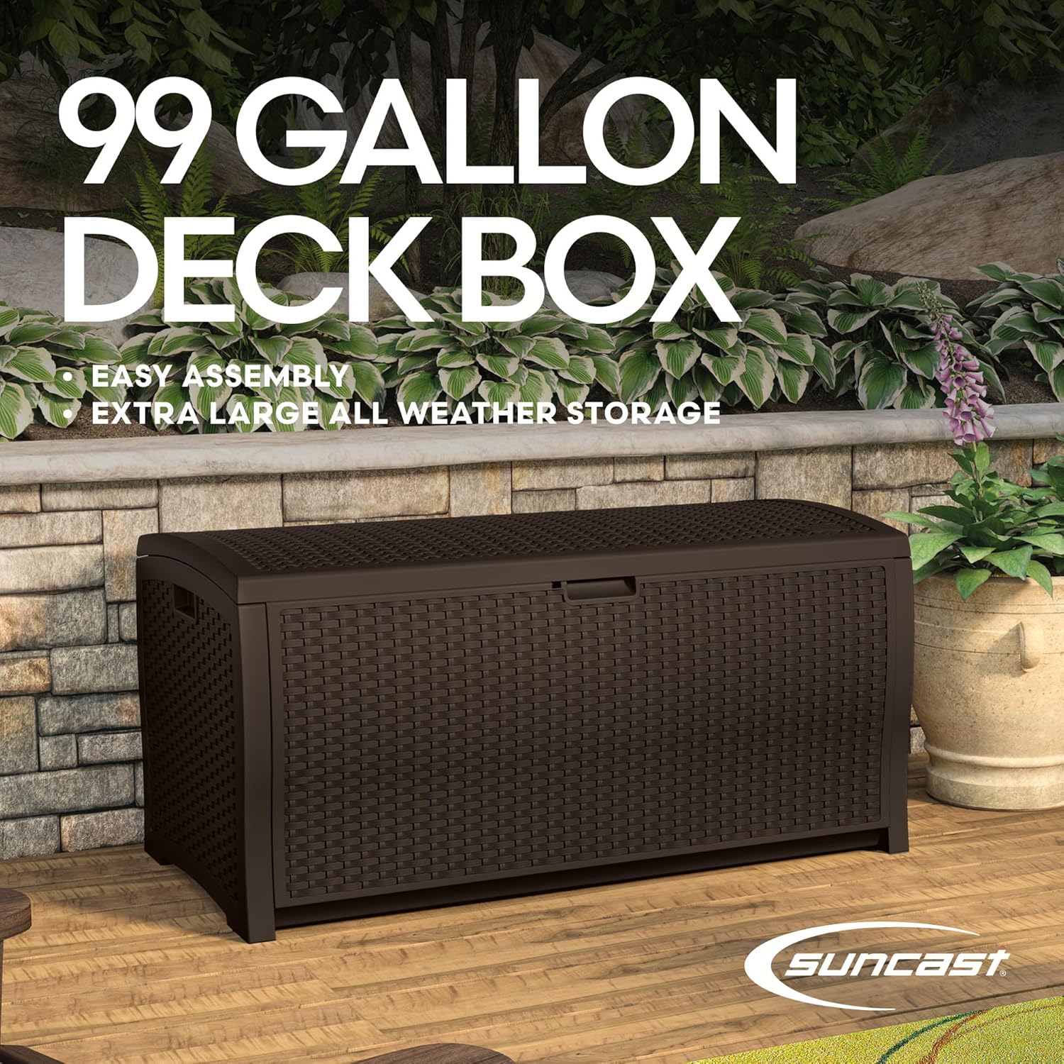 Suncast DBW9200 99 Gallon Outdoor Wicker Plastic Patio Storage Chest Bin with Handles for Patio, Garden, Garage, or Pool for All Weather, Mocha
