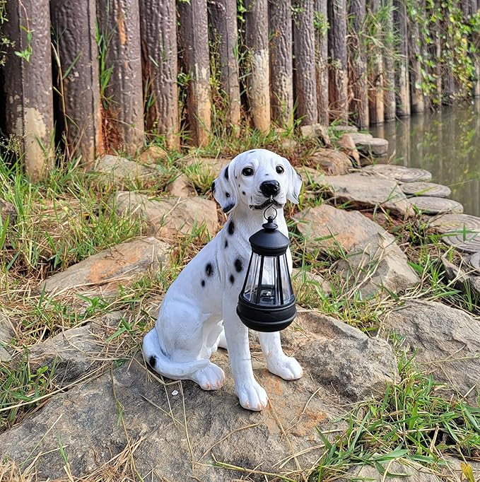NASKY The Resin Handicraft Solar - Powered Hanging Lamp in The Shape of A Simulated Puppy of The Courtyard is Suitable for Places Such As Courtyards, Gardens and Balconies (Spotted Dog)