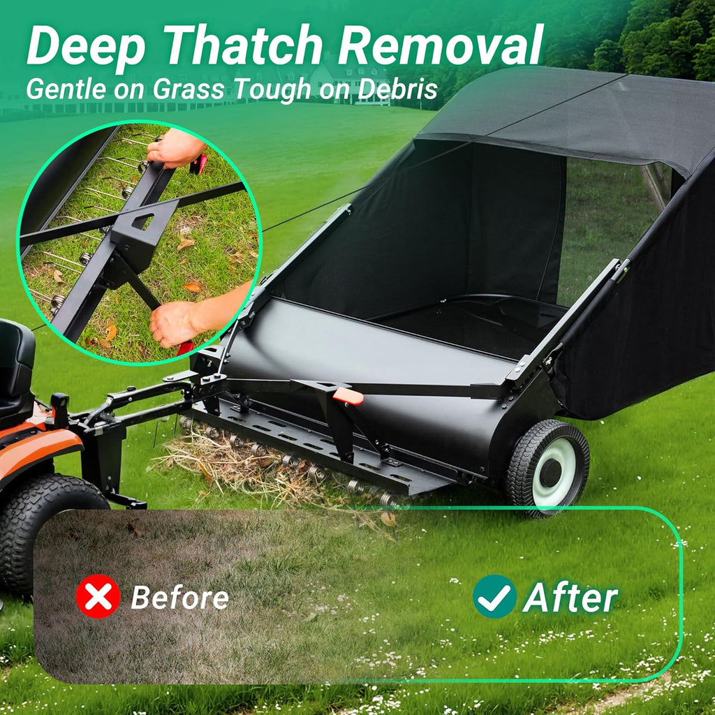 Suchtale 42" Tow Behind Lawn Sweeper with Dethatcher – 21 Cu. Ft. Leaf Collector with Adjustable Sweeping Height, Large Hamper Windscreen for Lawn, Yard, & Artificial Grass, Tractor/Mower Attachments