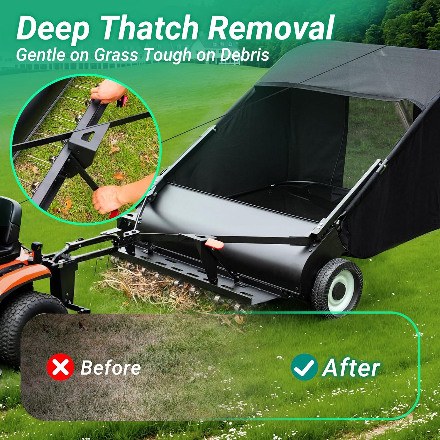 Suchtale 42" Tow Behind Lawn Sweeper with Dethatcher – 21 Cu. Ft. Leaf Collector with Adjustable Sweeping Height, Large Hamper Windscreen for Lawn, Yard, & Artificial Grass, Tractor/Mower Attachments