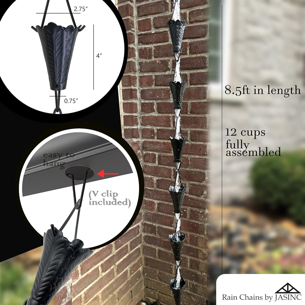 8.5 ft Leaf Cups Black Powder Coated, to Replace Roof Gutter Downspout, with Installation Kit, Rainwater Catcher/Water Diverter, JAS8002BLK