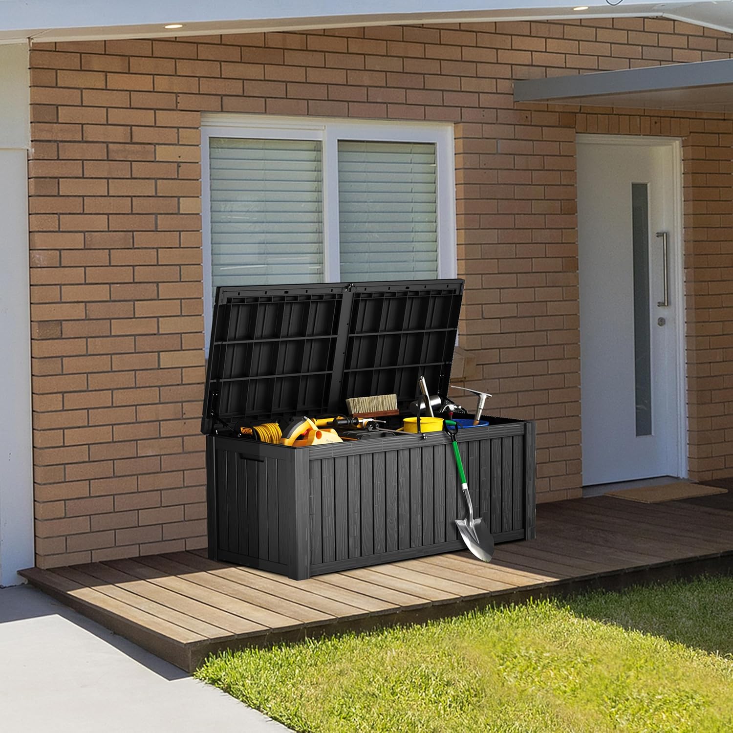 180 Gallon Lockable Resin Deck Box, Waterproof & UV-Resistant Outdoor Storage Box for Outdoor Cushion Storage, Garden Tools & Pool Accessories Storage, Black