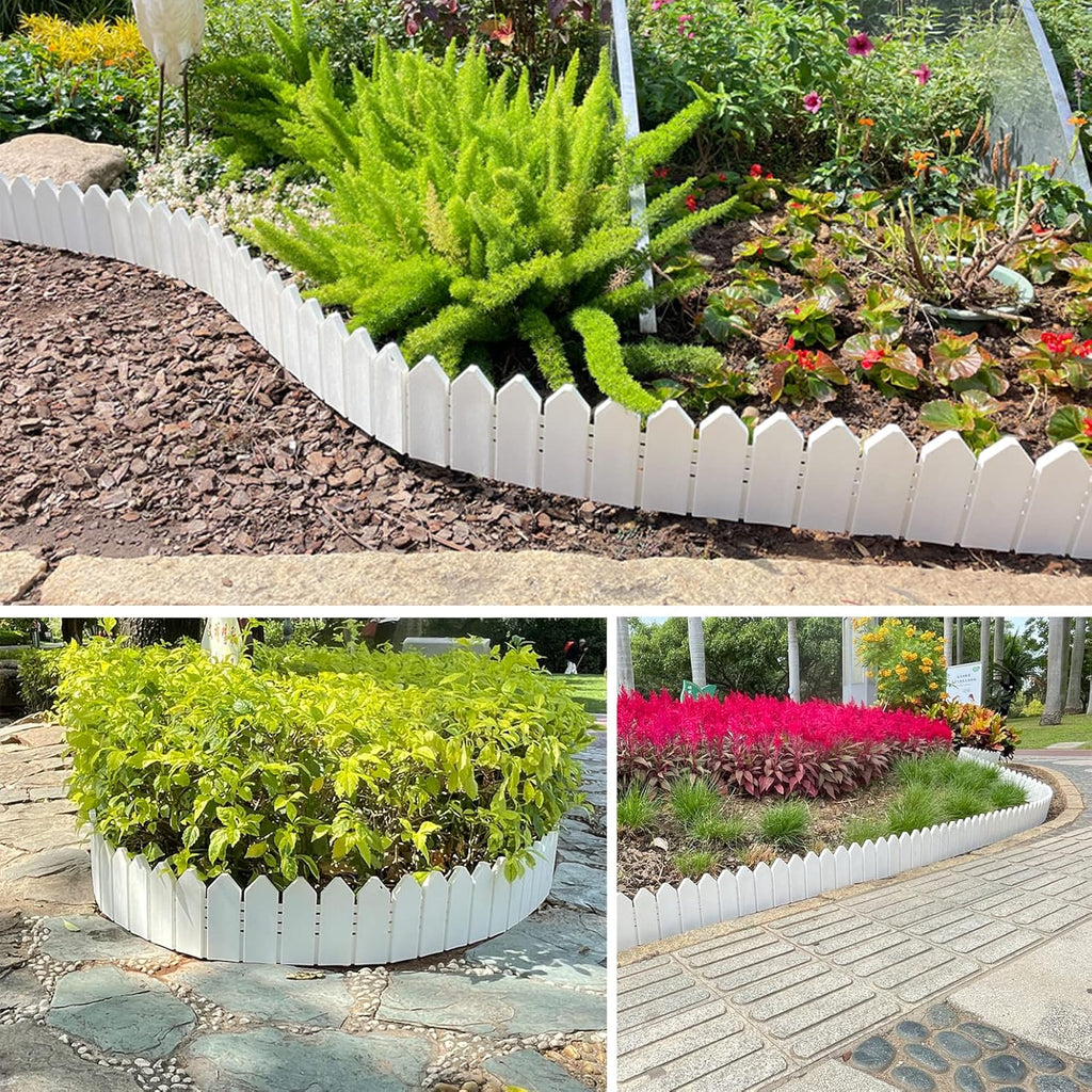 Garden Edging Border Kit 6.7 in Tall Decorative Double-Sided Wood-Look Fence Garden Border, Flower Bed Edging with 20 Anchoring Spikes, 9.3 Foot Kit (White)