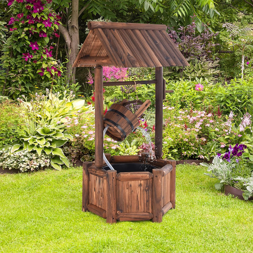 Tangkula Outdoor Wishing Well Water Fountain, Old-Fashioned Wood Waterfall Fountain w/Bucket Pump, Rustic Farmhouse Decoration for Garden, Backyard, 46 Inch Tall (20" x 23" x 46")