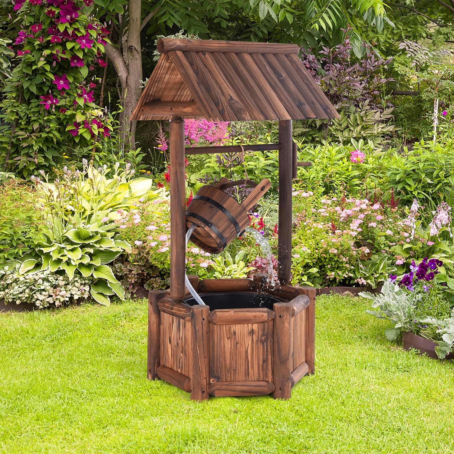 Tangkula Outdoor Wishing Well Water Fountain, Old-Fashioned Wood Waterfall Fountain w/Bucket Pump, Rustic Farmhouse Decoration for Garden, Backyard, 46 Inch Tall (20" x 23" x 46")