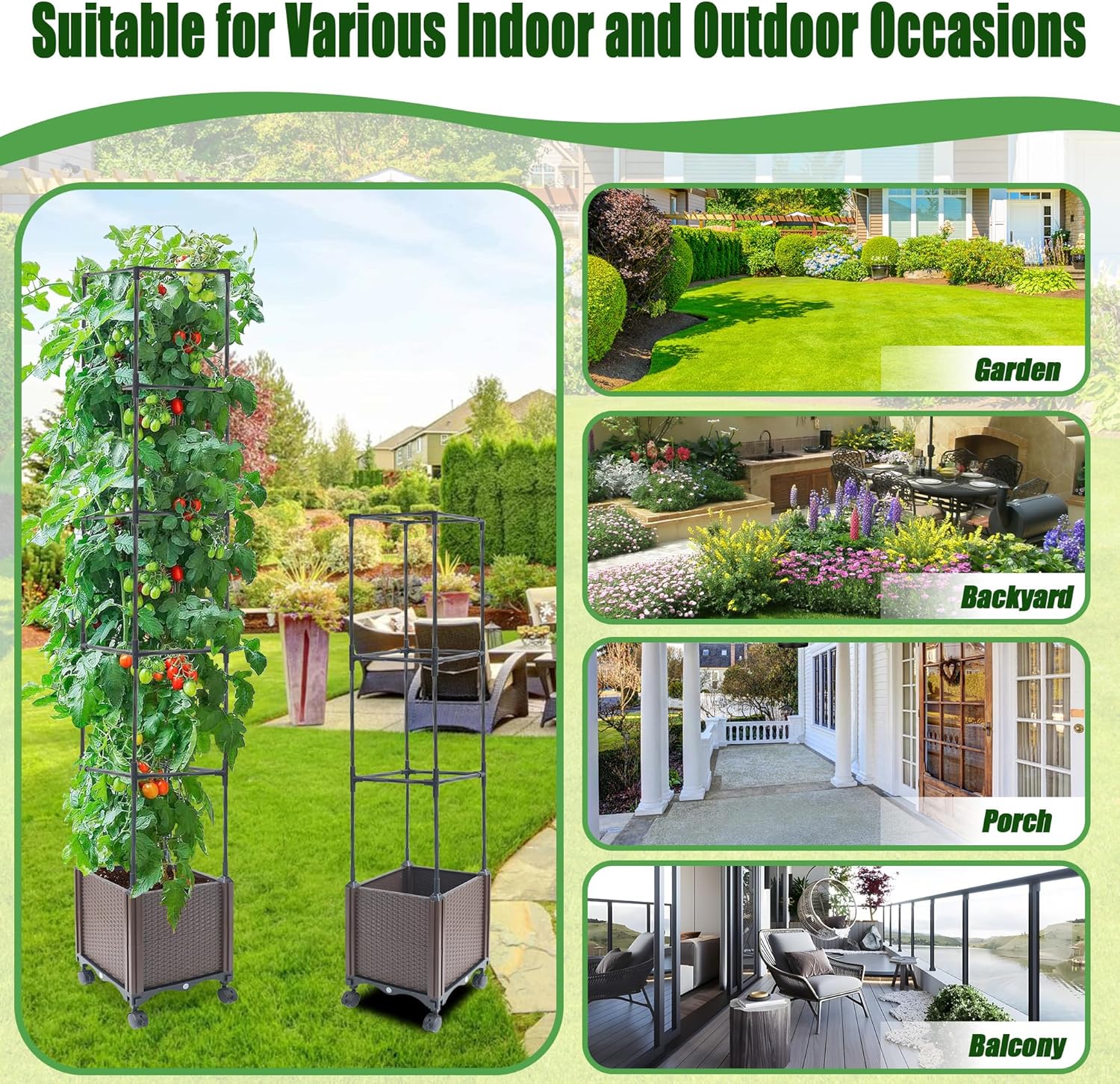 Raised Garden Bed Planter Box with Trellis, 62.2" Self-Watering Tomato Planters for Climbing Plants Vine Flowers Outdoor Patio, Tomatoes Cage with Trellis Wheels for Outdoor, 1Pack