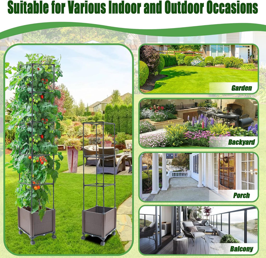 Raised Garden Bed Planter Box with Trellis, 74" Self-Watering Tomato Planters for Climbing Plants Vine Flowers Outdoor Patio, Tomatoes Cage with Wheels, 1Pack