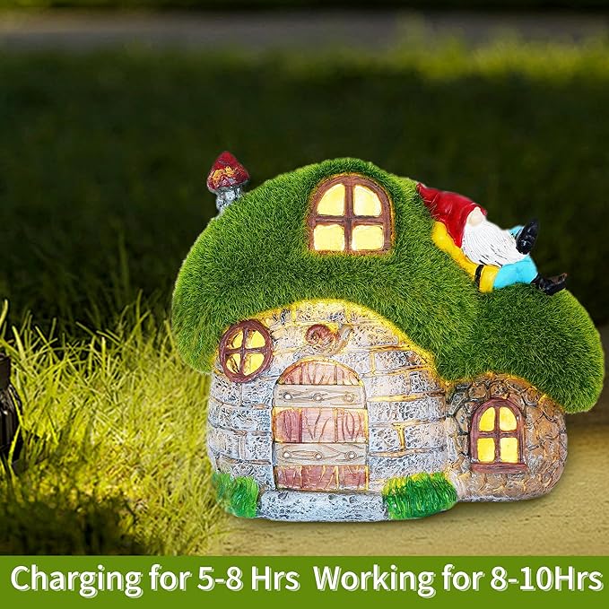 ILLUMINEW House Garden Statues with Solar Lights, LED Cute Flocked Fairy House with Gnomes Garden Figurine, Outdoor Patio Yard Lawn Decorations Gift