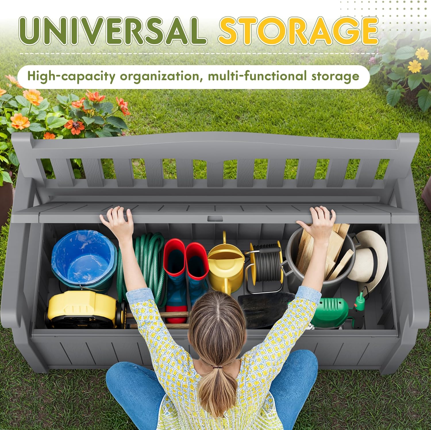 Greesum 80 Gallon Storage Bench Outdoor Deck Box with Armrest, Patio Furniture,Lockable, Waterproof and UV Resistant, Suitable for Garden, Pool, Grey