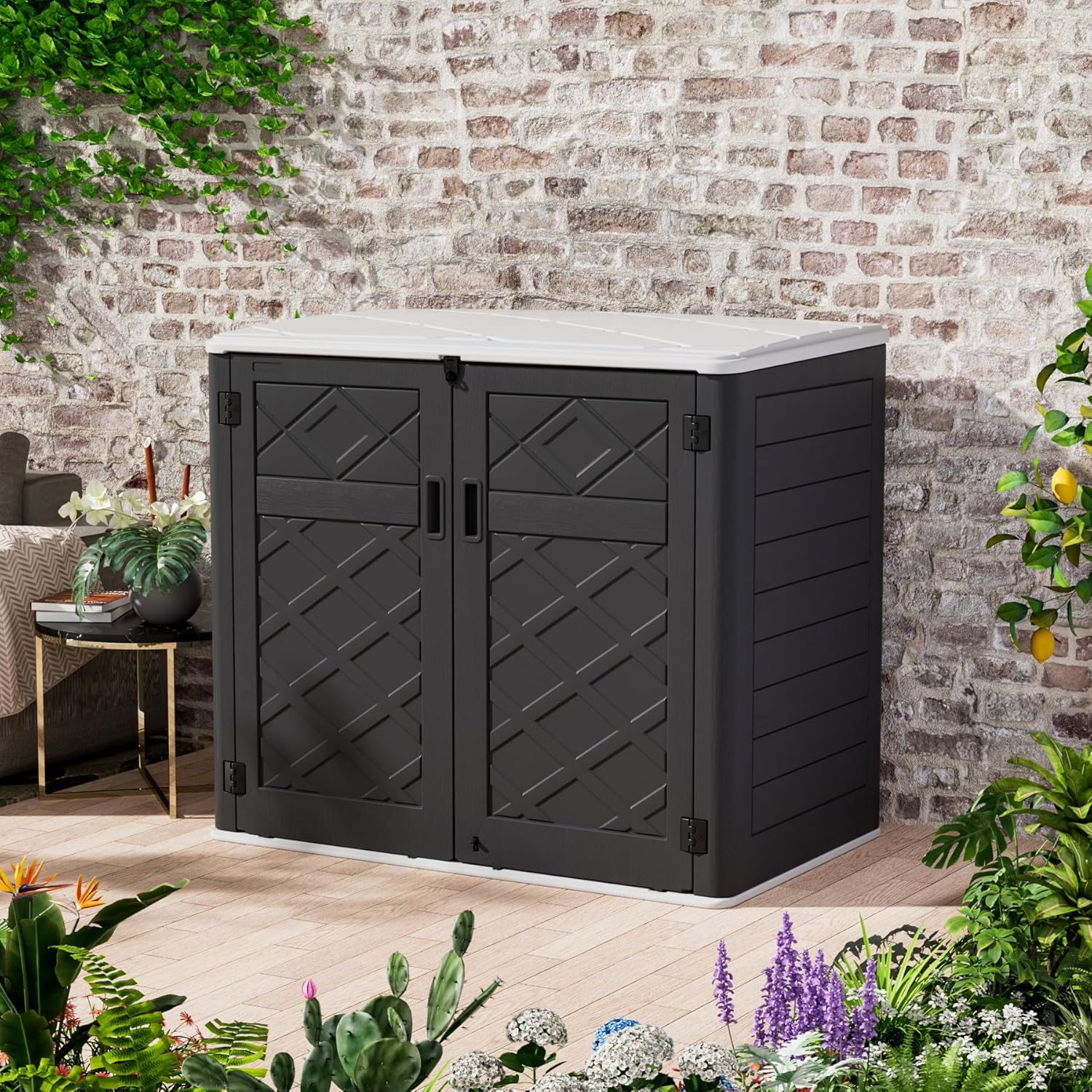 Resin Outdoor Storage Shed, 38 cu.ft Outdoor Storage Box Waterproof for Garden Tools, Patio Furniture, Trash Cans, Garage Storage, Lockable (Black)