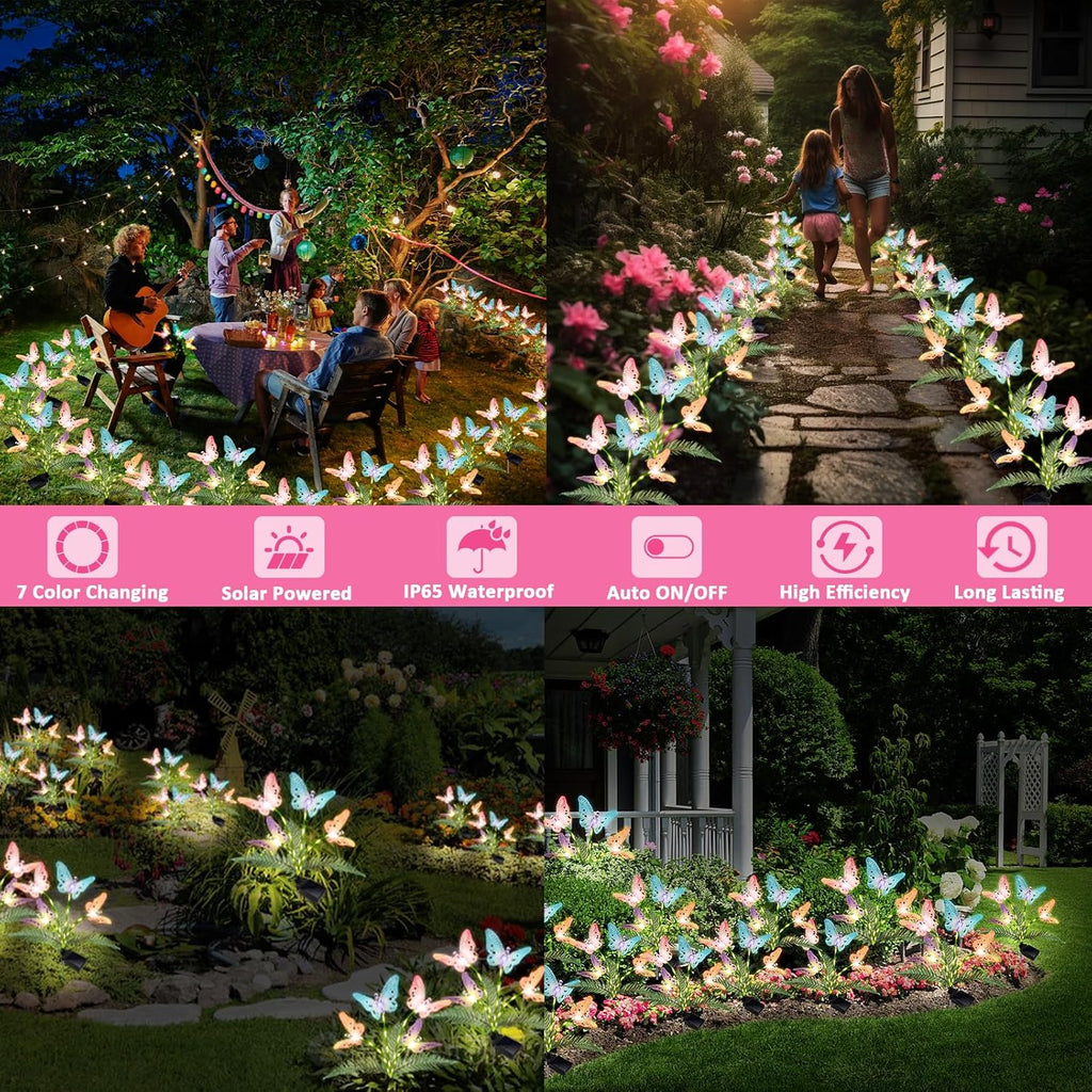 Solar Garden Lights 4 Pack Waterproof Decorative Solar Lights Outdoor with Glowing Stems,7-Color Changing ‎Fiber Optic Butterfly Light for Outside Yard Lawn Garden Decor, Gifts for Women