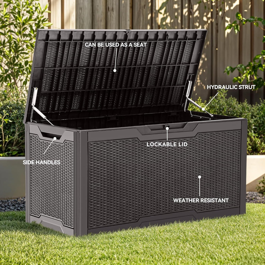 YITAHOME 100 Gallon Outdoor Storage Box, Large Water Resistant Resin Deck Box, Indoor Outdoor Lockable Storage Container for Patio, Garden, Cushions, Tools, Equipment (Dark Brown)