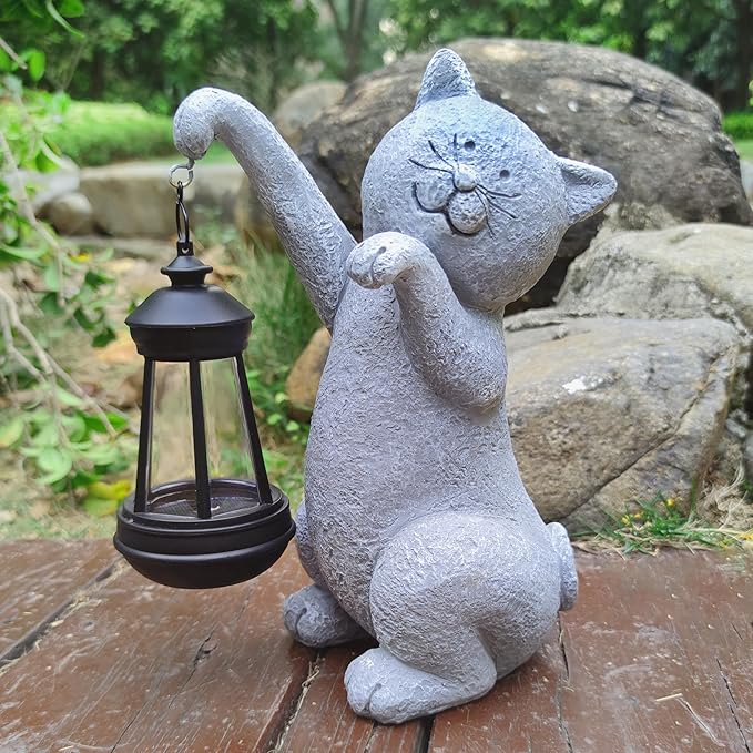 Cat Solar Garden Statues,Resin Cat Figurine Decorations with Solar Lights Lantern, Outdoor Figurines Lawn Cats Statue Decor Art for Lawn,Yard, Balcony Ornament,Gift for Garden Home Mom.