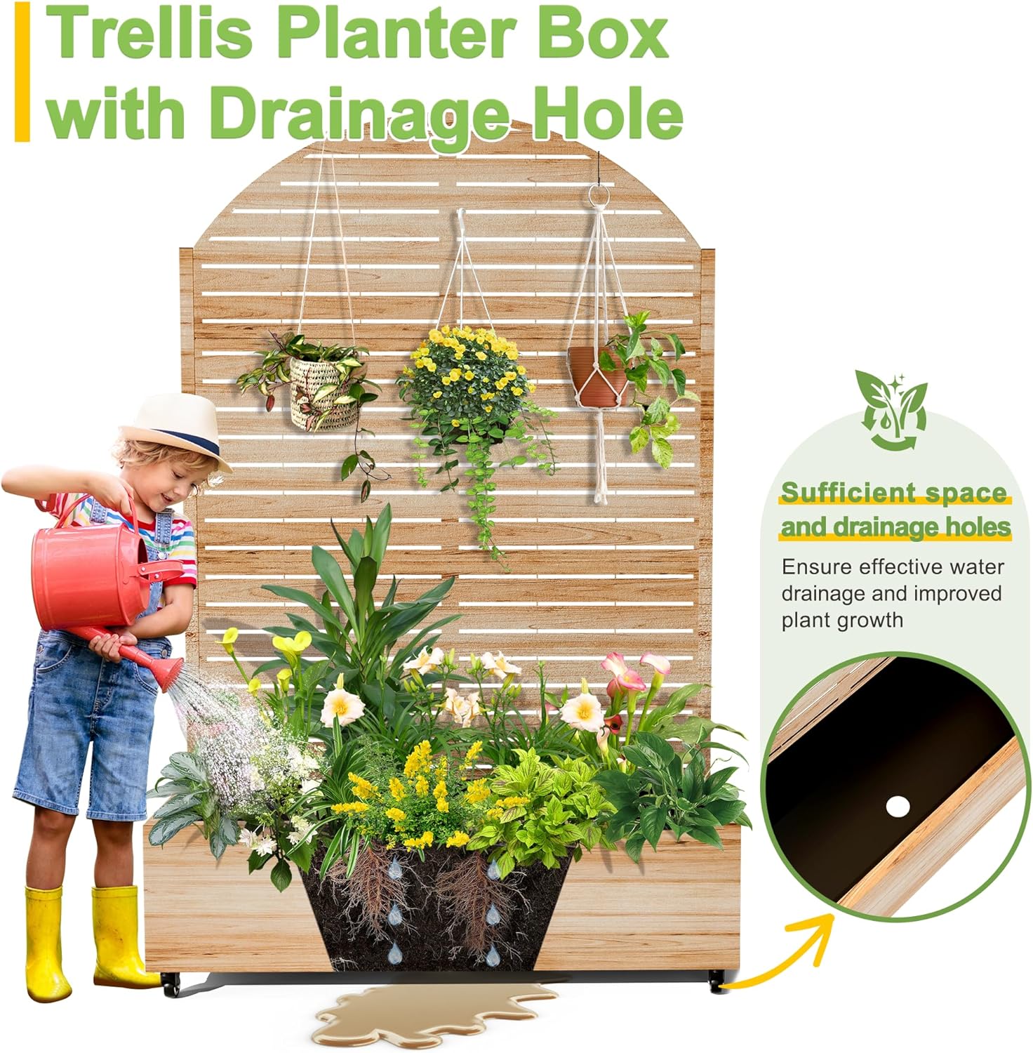 FENCY Metal Raised Garden Bed with Wheels and Trellis,Arched 73"x47"x16" Planter Box for Climbing Plants, Vegetables & Vines, Features Privacy Screen and Drainage Holes (Acacia Wood Finish)