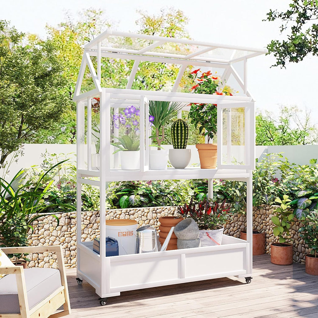 Merax 69.3" H Wood Garden Greenhouse, Balcony Portable Mini Cold Frame with Wheels, Movable Storage Box and Openable Roof, Flower Plants Shelf for Balcony Outdoor Indoor Backyard, White
