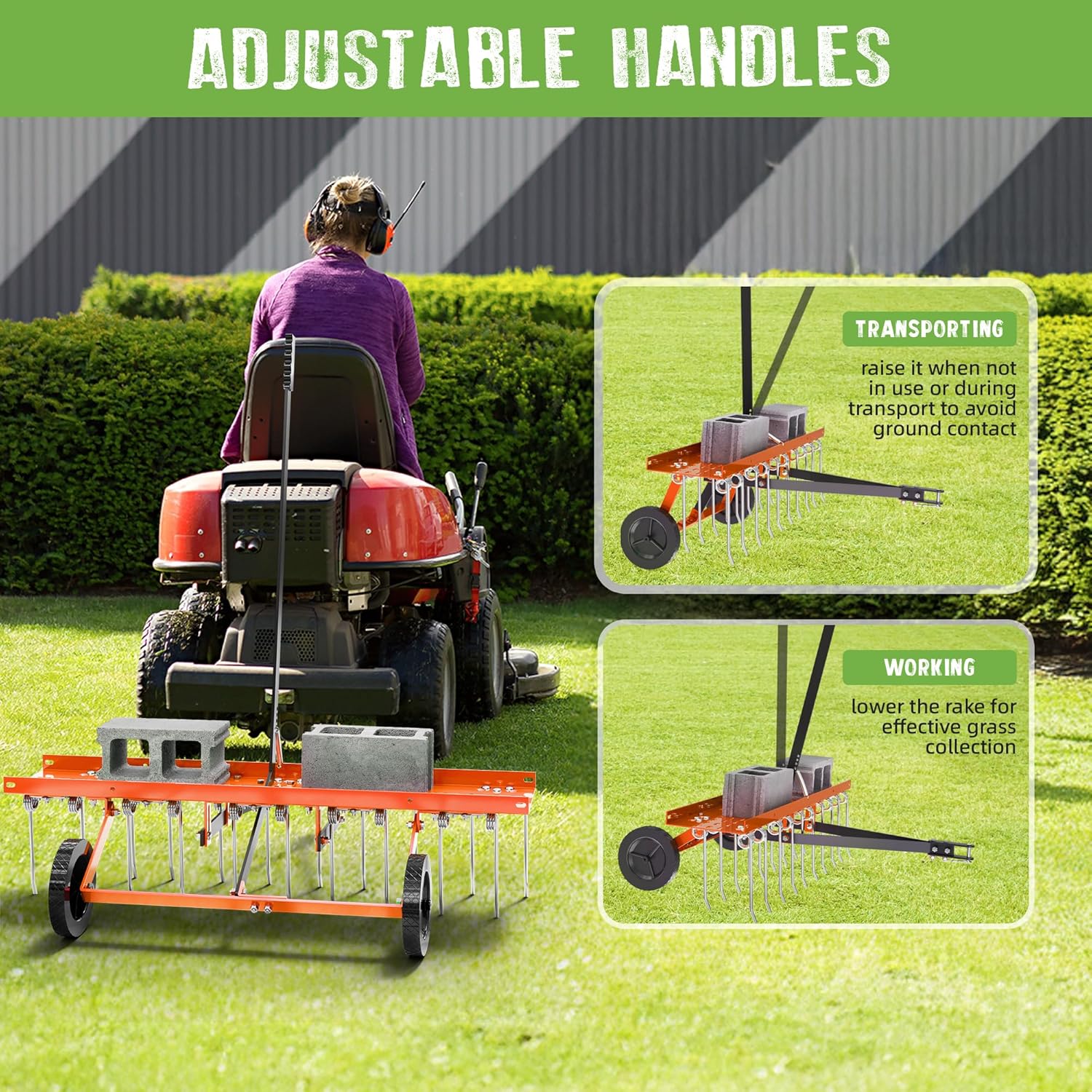 48" Tow-Behind Dethatcher with 24 Spring Steel Tines, Pull Behind Lawn Tractor Mower Grass Rake for Yard, Garden, and Farm Care – Removes Thatch, Leaves, and Pine Needles-Orange