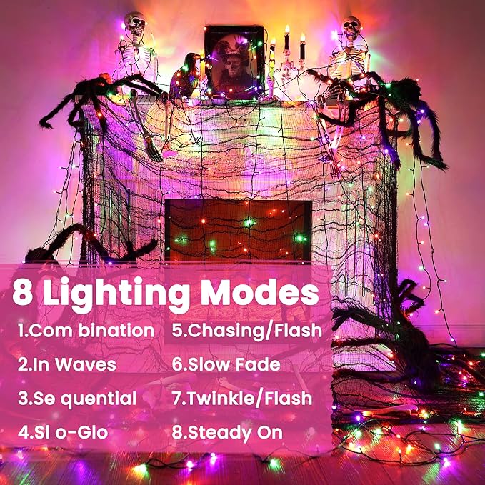 114ft 300 LED String Lights - Waterproof, 8 Modes, Orange, Green, Purple - Halloween Party, Garden, Indoor/Outdoor Decor