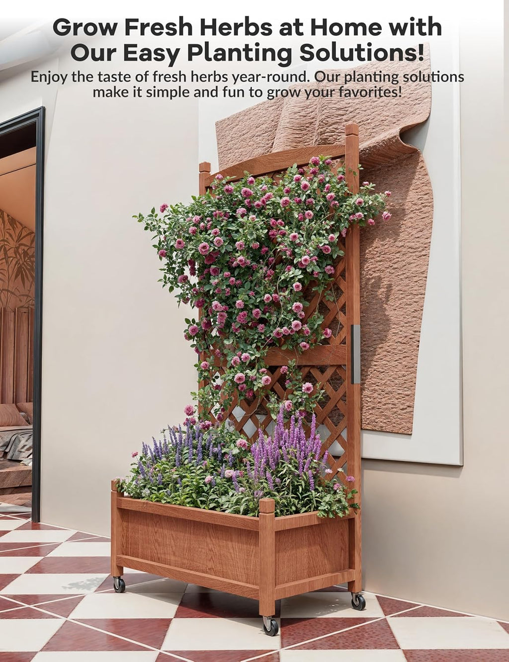 29.5" x 13"x 61.5" Wood Planter Box With Trellis For Plant & Flower, Raised Garden Bed With Wheels, Standing Vertical Horticulture Trellis Planter With Drainage Holes for Patio Garden, 1PC