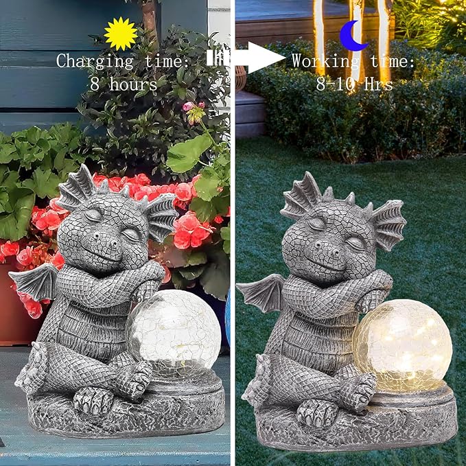 Garden Outdoor Dragon Statue Holding Solar Magic Orb LED Light Resin Adorable Baby Dragon Figurines for Patio Balcony Yard Lawn Garden Unique Housewarming Gift for Mom Grandma
