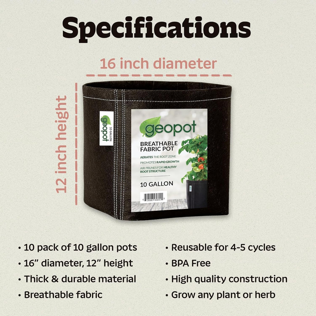 10 Gallon Fabric Grow Bags for Vegetables, Houseplants, Herbs & Flowers |5-Pack| Fabric Pots for Outdoors and Indoors, Aerated Fabric Grow Bags
