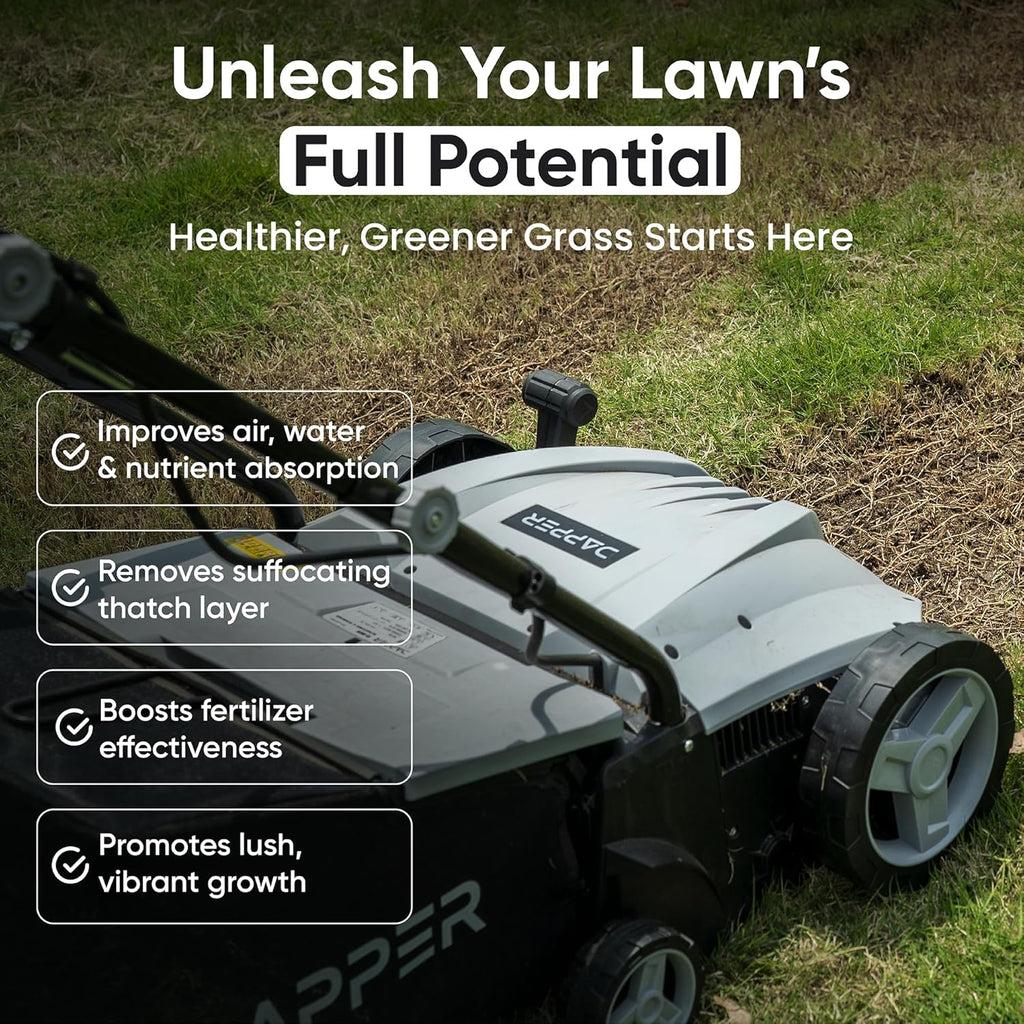 13-Inch 2-in-1 Electric Dethatcher and Scarifier Lawn Dethatcher with 8-Gallon Removable Thatch Collection Bag, 4-Position Depth Adjustment, 12 Amp, Quick-Fold, Keeps Lawn Healthy