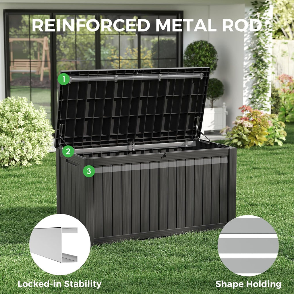 150 Gallon Resin Deck Box, Large Indoor and Outdoor Storage Box, Weatherproof and UV Resistant Outdoor Storage Box with Built-in Steel Beams for Patio, Cushions, Pool Supplies