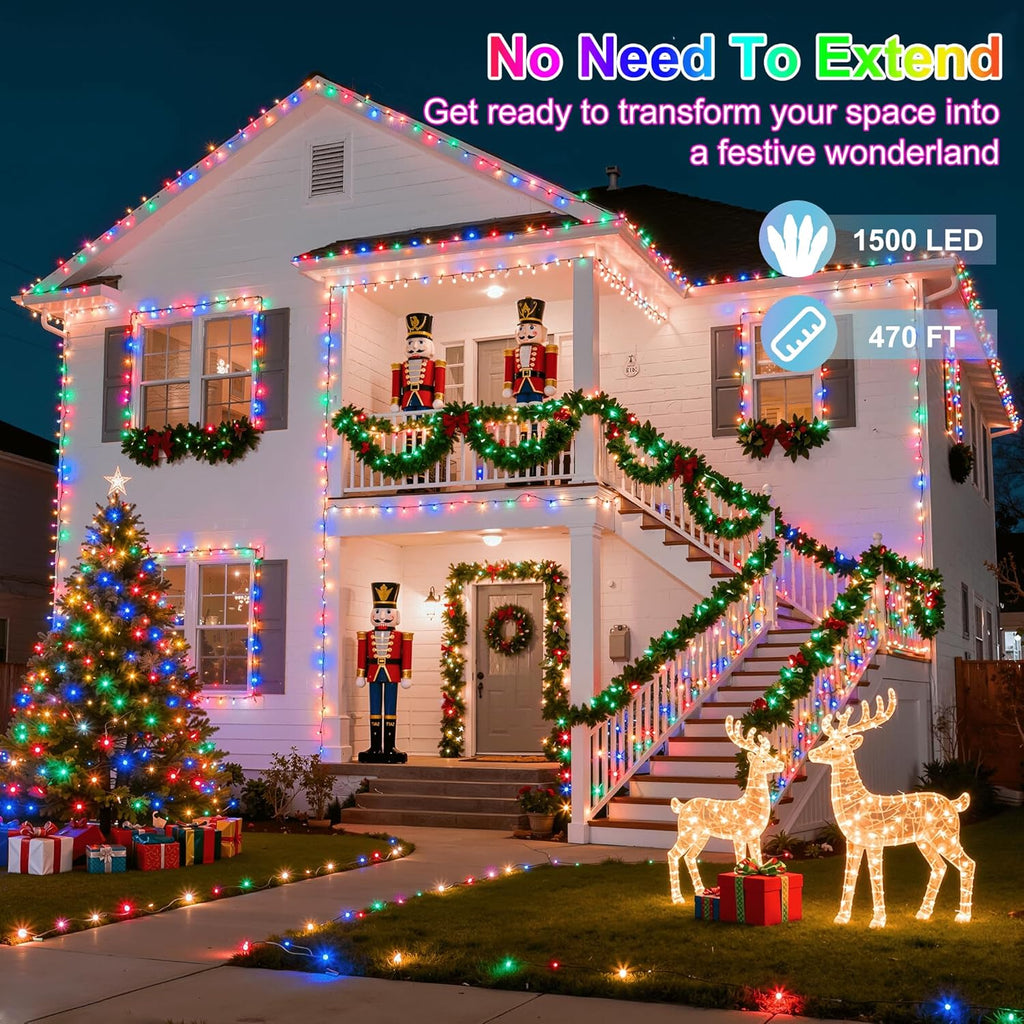 1500LED Christmas Lights Outdoor Use, 470ft 12 Modes Multicolor LED String Lights with Timer Dimmable, Waterproof Christmas Tree Lights for Xmas Patio Yard Fence Balcony Garden Decor Multicolor