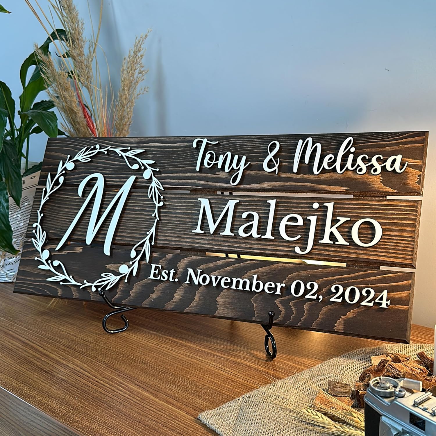 Personalized Wooden Monogram Family Sign with Couples Names, Custom Name Sign, Unique Wedding Gift for Couples, Rustic Established Date Plaque, Gifts for Wife