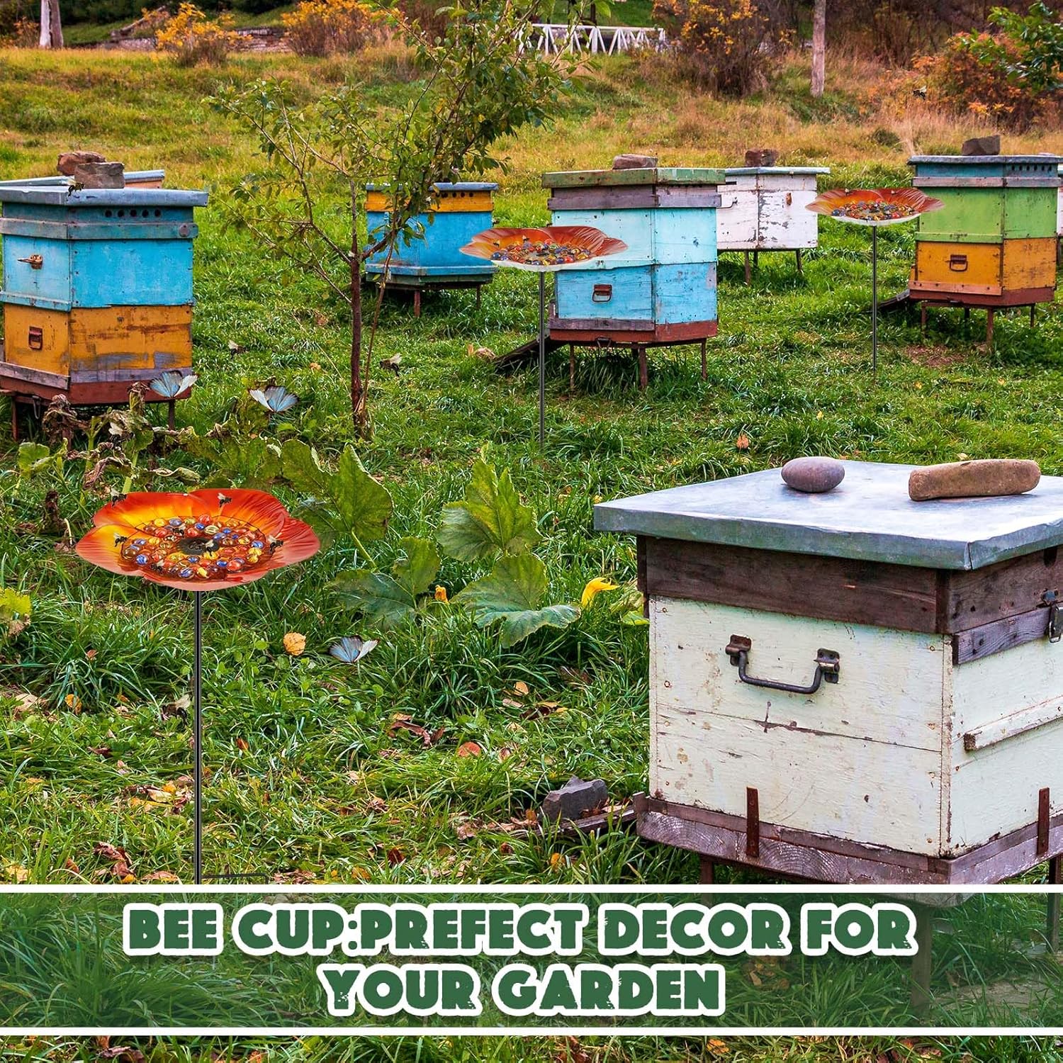 Tandefio Vivid Flower Bee Watering Station Metal Butterfly Water Feeder Cup with 30 Colorful Glass Marbles Bee Feeder Butterfly Bath Bowl for Garden Outdoor Yard Decors(Golden Brown,Flower)